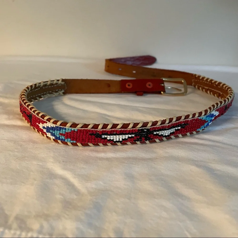 Vintage Beaded Leather Belt Thunderbird Native American Souvenir Red Youth Lg XL